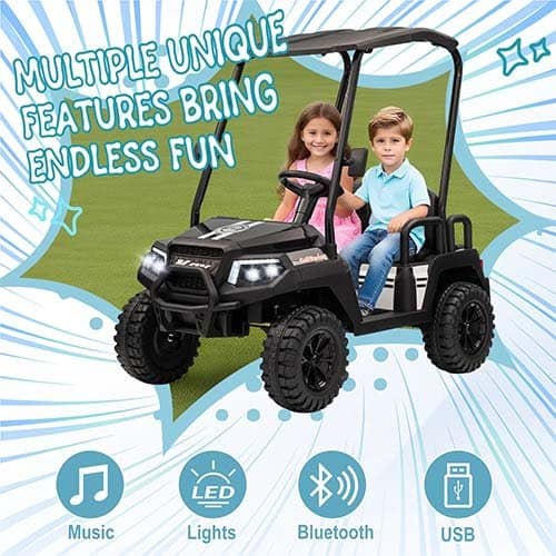 Xuanlur kids 4 Seat Golf Cart 24V w/ Remote, Awning, Music – Black